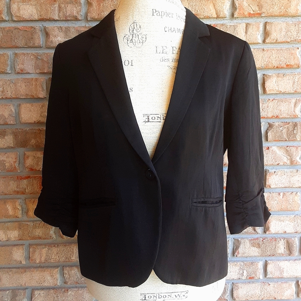 Topshop Black Button Front Viscose/Cotton/Linen Blend Blazer Size 10.